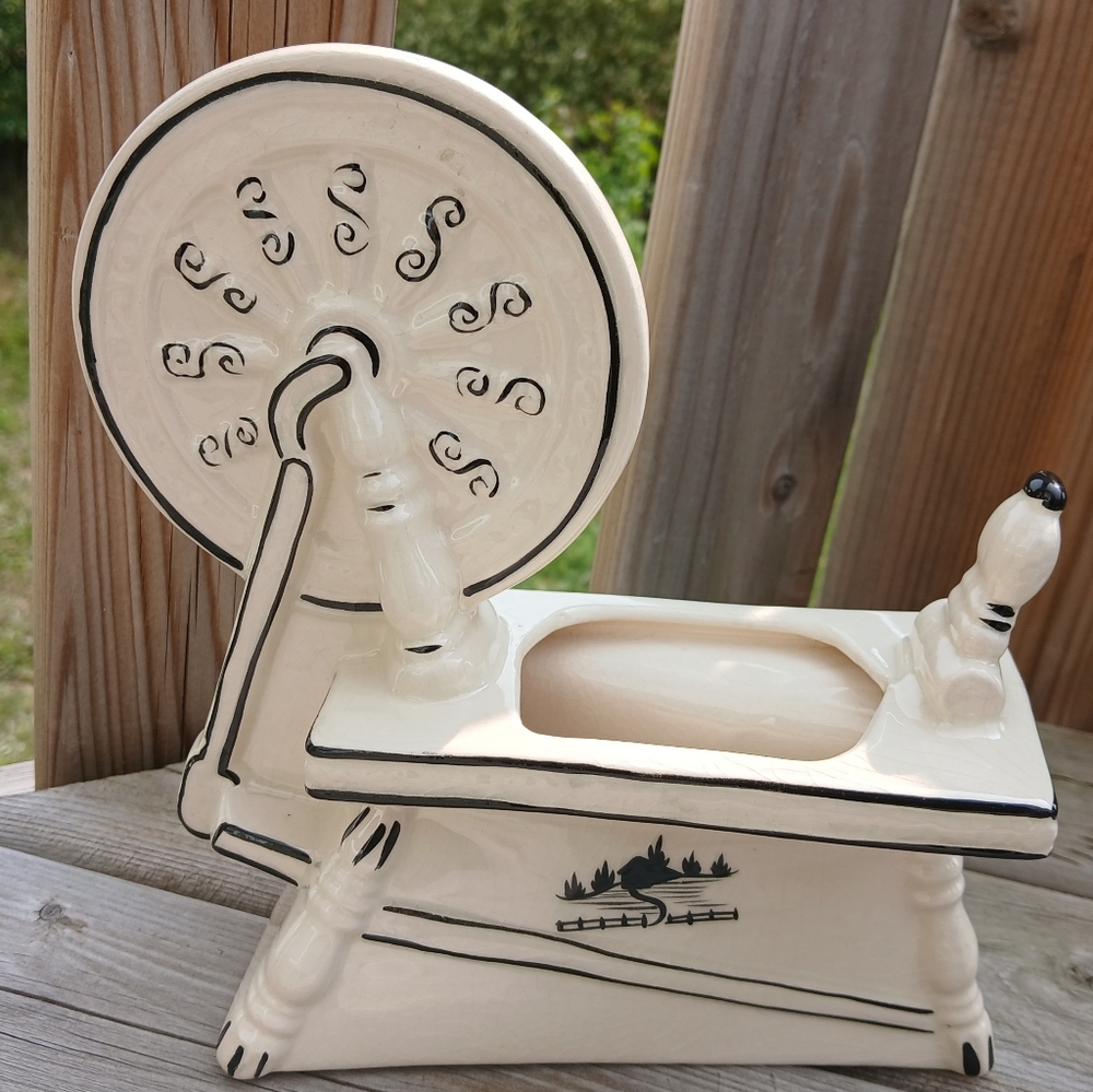 Vintage Cream and Black Ceramic Spinning Wheel Planter